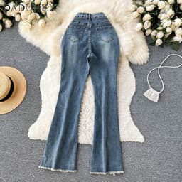 Thumbnail DaDuHey New Korean Version of Ulzzang Strappy Jeans High Waist Slim-fit Trousers Raw Edge Slit Pants 2