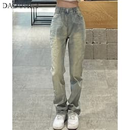 Thumbnail DaDuHey New American Style Ins Washed Retro High Street Yellow Mud Jeans High Waist Slim Straight Pants 2
