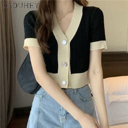 Thumbnail Áo DADUHEY tay ngắn chữ V dệt kim dáng rộng 4 màu tùy chọn thời trang cho nữ 2023 3