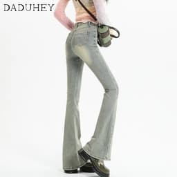 Thumbnail Quần jean DADUHEY lưng cao ống loe màu vàng bùn thời trang phong cách Hàn Quốc cá tính cho nữ 4