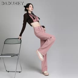 Thumbnail DaDuHey New Korean Version of INS Dirty Pink Casual Pants High Waist Loose Wide Leg Pants Niche Trousers 2