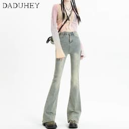 Thumbnail DaDuHey New American Style Retro Yellow Mud Jeans Women's High Waist Elastic Flared Pants Large Size Trousers 2