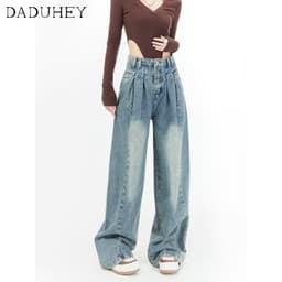 Thumbnail Quần jean dài DADUHEY size lớn ống rộng thoải mái cạp cao vải giặt retro hip hop thời trang kiểu Mỹ cho nữ 3