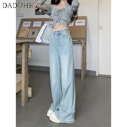 Thumbnail Quần jean DADUHEY lưng cao ống rộng viền thô màu xanh dương nhạt size lớn phong cách Hàn Quốc mới dành cho nữ 3