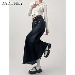 Thumbnail DaDuHey New American Ins High Street Retro Washed Denim Skirt Niche High Waist A- line Skirt Bag Hip Skirt 3