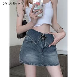 Thumbnail Chân váy denim DADUHEY ôm hông phối túi size lớn kiểu chữ A cạp cao thời trang retro đường phố cao cấp kiểu Mỹ 4