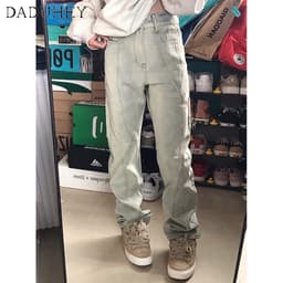 Thumbnail DaDuHey New American Style Light Color Stitching Jeans Women's High Waist Straight Casual Pants Plus Size Trousers 4