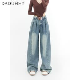 Thumbnail Quần jean dài DADUHEY size lớn ống rộng thoải mái cạp cao vải giặt retro hip hop thời trang kiểu Mỹ cho nữ 4