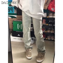 Thumbnail DaDuHey New American Style Light Color Stitching Jeans Women's High Waist Straight Casual Pants Plus Size Trousers 3