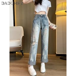 Thumbnail Quần jean rách DADUHEY size lớn ống rộng dáng dài thoải mái cạp cao retro thời trang mới kiểu Mỹ cho nữ 3