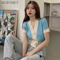 Thumbnail Áo DADUHEY tay ngắn chữ V dệt kim dáng rộng 4 màu tùy chọn thời trang cho nữ 2023 4