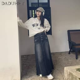 Thumbnail DaDuHey New American Ins High Street Retro Denim Skirt Niche High Waist A- line Skirt Large Size Bag Hip Skirt 3