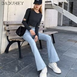 Thumbnail Quần jean dài DADUHEY ống rộng loe nhẹ co giãn cạp cao thời trang phong cách Hàn Quốc cho nữ 4
