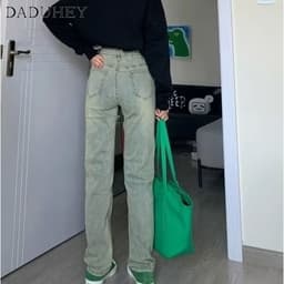 Thumbnail Quần jean dài DADUHEY ống đứng lưng cao màu vàng bùn phong cách retro đường phố Mỹ mới cho nữ 4