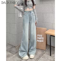Thumbnail Quần jean DADUHEY lưng cao ống rộng viền thô màu xanh dương nhạt size lớn phong cách Hàn Quốc mới dành cho nữ 2