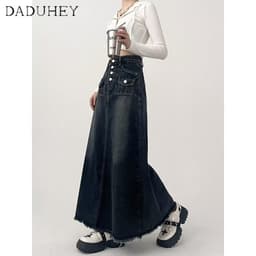 Thumbnail DaDuHey New American Ins High Street Retro Washed Denim Skirt Niche High Waist A- line Skirt Bag Hip Skirt 2