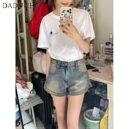 Thumbnail Quần short denim DADUHEY dáng chữ A lưng cao size lớn phong cách retro đường phố Mỹ mới 4