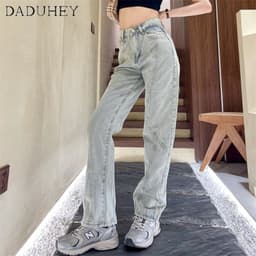 Thumbnail Quần jean DADUHEY ống suông ghép nối màu nhạt phong cách Hàn Quốc mới thường ngày size lớn dành cho nữ 4