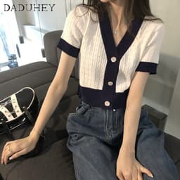 Thumbnail Áo DADUHEY tay ngắn chữ V dệt kim dáng rộng 4 màu tùy chọn thời trang cho nữ 2023 2