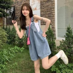 Thumbnail Quần yếm DADUHEY cạp cao ống rộng phong cách Hàn Quốc thời trang cỡ lớn 1