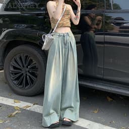 Thumbnail Quần jean dài DADUHEY size lớn ống rộng cạp cao vải giặt thời trang retro đường phố cao cấp kiểu Mỹ 2