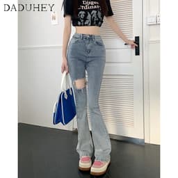 Thumbnail DaDuHey New Korean Version of Raw Edge Ripped Jeans WOMEN'S High Waist Flared Pants Large Size Trousers 3