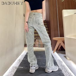 Thumbnail Quần jean DADUHEY ống suông ghép nối màu nhạt phong cách Hàn Quốc mới thường ngày size lớn dành cho nữ 3