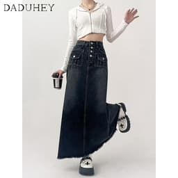 Thumbnail DaDuHey New American Ins High Street Retro Washed Denim Skirt Niche High Waist A- line Skirt Bag Hip Skirt 4