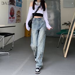 Thumbnail Quần jean DADUHEY lưng cao dáng rộng họa tiết ngôi sao thời trang đường phố Mỹ cá tính 3