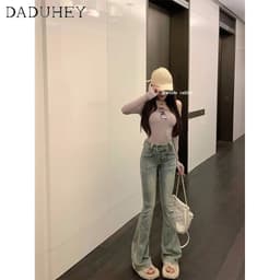 Thumbnail Quần jean dài DADUHEY ống rộng loe nhẹ cạp cao vải giặt thời trang retro phong cách Hàn Quốc 4