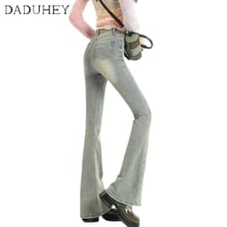 Thumbnail DaDuHey New American Style Retro Yellow Mud Jeans Women's High Waist Elastic Flared Pants Large Size Trousers 4