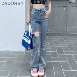 Thumbnail DaDuHey New Korean Version of Raw Edge Ripped Jeans WOMEN'S High Waist Flared Pants Large Size Trousers 4