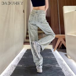 Thumbnail Quần jean DADUHEY ống suông ghép nối màu nhạt phong cách Hàn Quốc mới thường ngày size lớn dành cho nữ 2