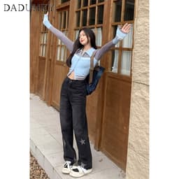 Thumbnail DaDuHey New American Ins High Street Thin Jeans Niche Stars High Waist Wide Leg Pants Large Size Trousers 3