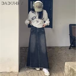 Thumbnail DaDuHey New American Ins High Street Retro Denim Skirt Niche High Waist A- line Skirt Large Size Bag Hip Skirt 4