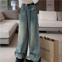 Thumbnail DaDuHey New American Ins High Street Washed Jeans Niche High Waist Loose Wide Leg Pants Large Size Trousers 3