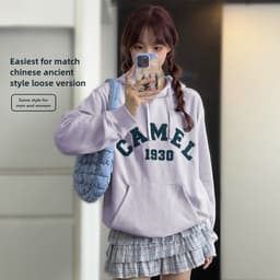 Thumbnail Camel CROWN Áo nỉ dáng rộng dành cho nam và nữ có mũ trùm đầu Plus lông cừu dài tay dành cho cặp đôi 2