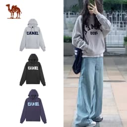 Thumbnail Camel CROWN Áo nỉ dáng rộng dành cho nam và nữ có mũ trùm đầu Plus lông cừu dài tay dành cho cặp đôi 1