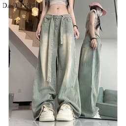 Thumbnail DaDuHey New American Ins High Street Hip Hop Raw Edge Jeans Niche High Waist Wide Leg Pants Large Size Trousers 2