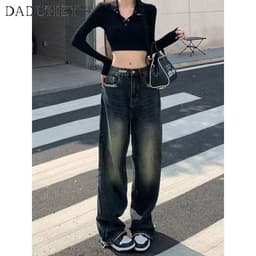Thumbnail Quần jeans DADUHEY lưng cao ống rộng phong cách đường phố Mỹ cổ điển thời trang cao cấp 4