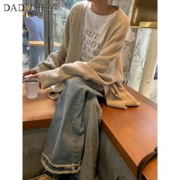 Thumbnail DaDuHey New American Ins High Street Retro Raw Edge Jeans Niche High Waist Loose Wide Leg Pants plus Size Trousers 4