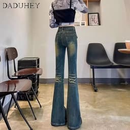 Thumbnail Quần jean dài DADUHEY size lớn ống rộng loe nhẹ cạp cao thời trang retro đường phố cao cấp kiểu Mỹ 2