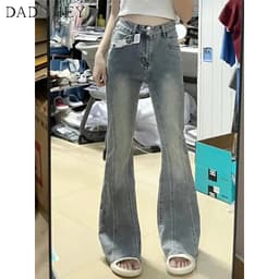 Thumbnail Quần jeans DADUHEY cạp cao ống loe phong cách đường phố Mỹ cao cấp cỡ lớn 3