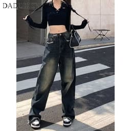 Thumbnail Quần jeans DADUHEY lưng cao ống rộng phong cách đường phố Mỹ cổ điển thời trang cao cấp 2