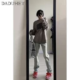 Thumbnail Quần jeans DADUHEY lưng cao phối màu vàng đất phong cách đường phố Mỹ cổ điển cao cấp cỡ lớn 4