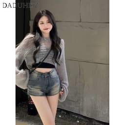 Thumbnail Quần short jean denim DADUHEY size lớn ôm vừa vặn cạp cao thời trang retro đường phố cao cấp kiểu Mỹ cho nữ 3