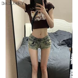 Thumbnail Quần short chữ A DADUHEY denim lưng cao phong cách đường phố Mỹ cổ điển cao cấp 2