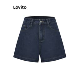 Thumbnail Quần short Lovito vải denim màu trơn phong cách thường ngày cho nữ L95ED915 2