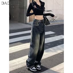 Thumbnail Quần jeans DADUHEY lưng cao ống rộng phong cách đường phố Mỹ cổ điển thời trang cao cấp 3