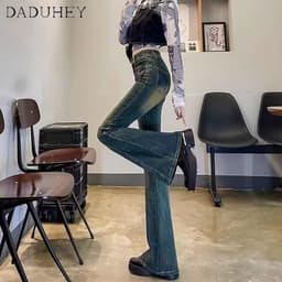 Thumbnail Quần jean dài DADUHEY size lớn ống rộng loe nhẹ cạp cao thời trang retro đường phố cao cấp kiểu Mỹ 1